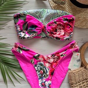Maaji •• 8-Way Floral Pink Puff Sleeve Reversible Bikini Top | High Leg Bottom